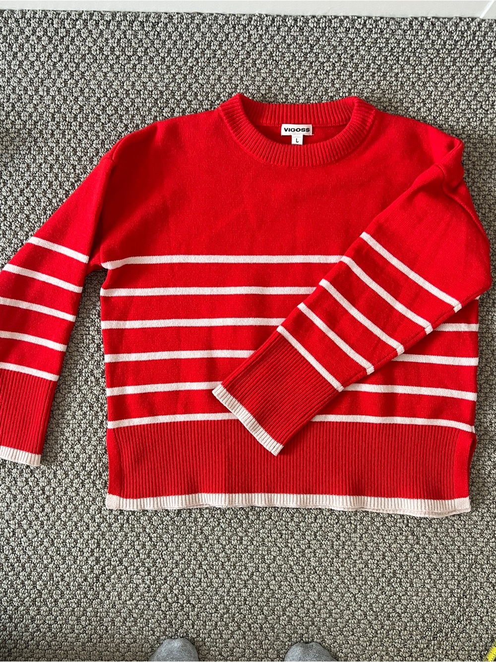 Red and White Striped Crewneck Sweater with Neck Ribbing size large